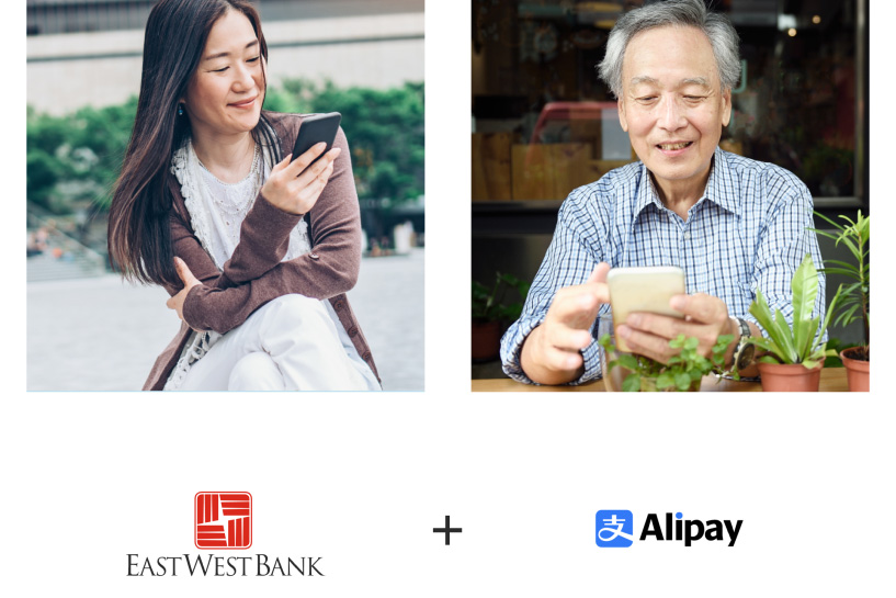 Two users transfer money with their mobile phones and the Globus Union and Alipay logos